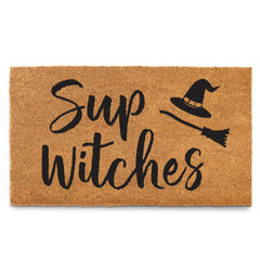 MAINEVENT front view of witch doormat showing festive design and welcome benefit