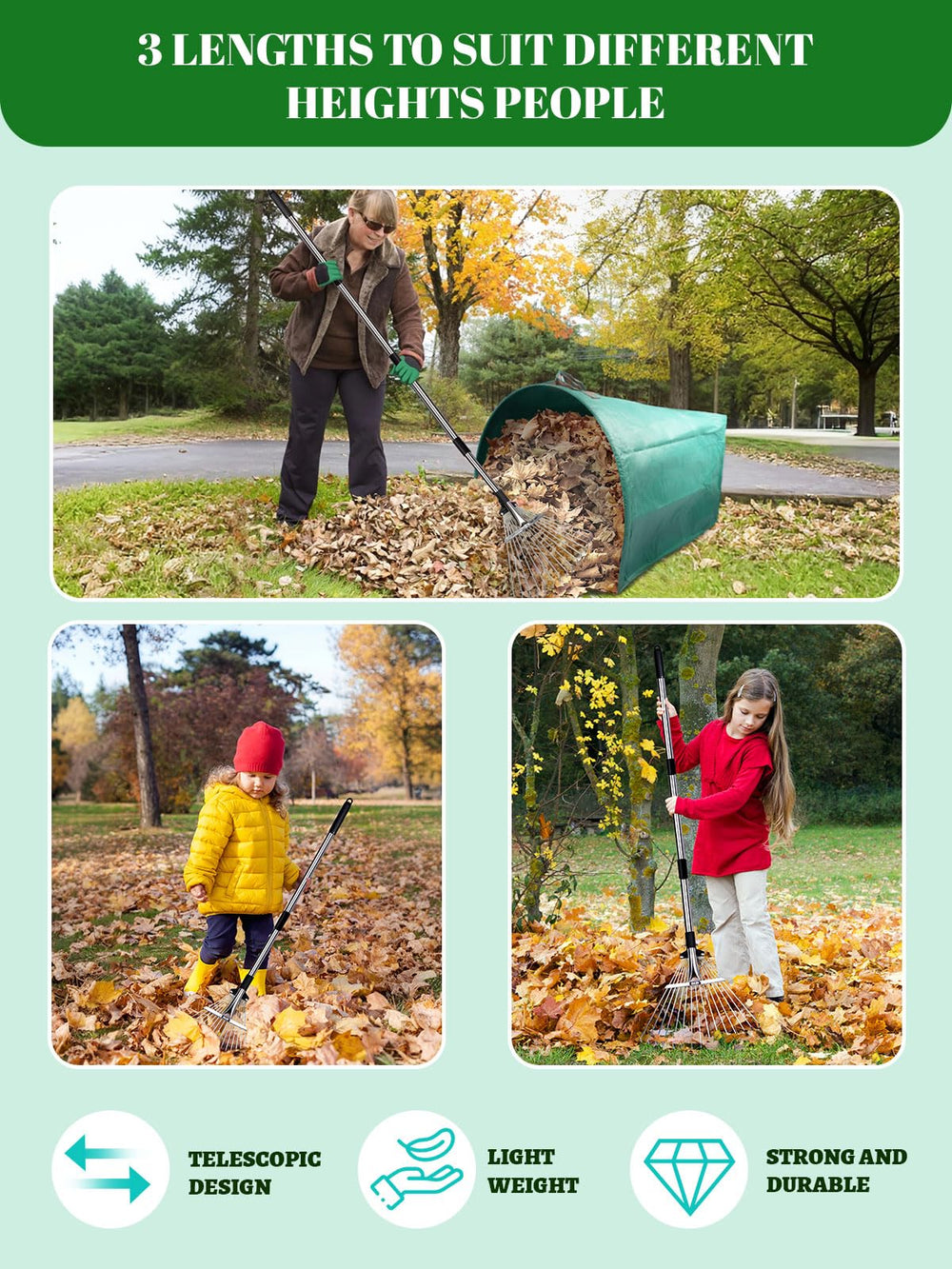 Maiproo rake in use collecting wet leaves on lawn for efficient seasonal maintenance