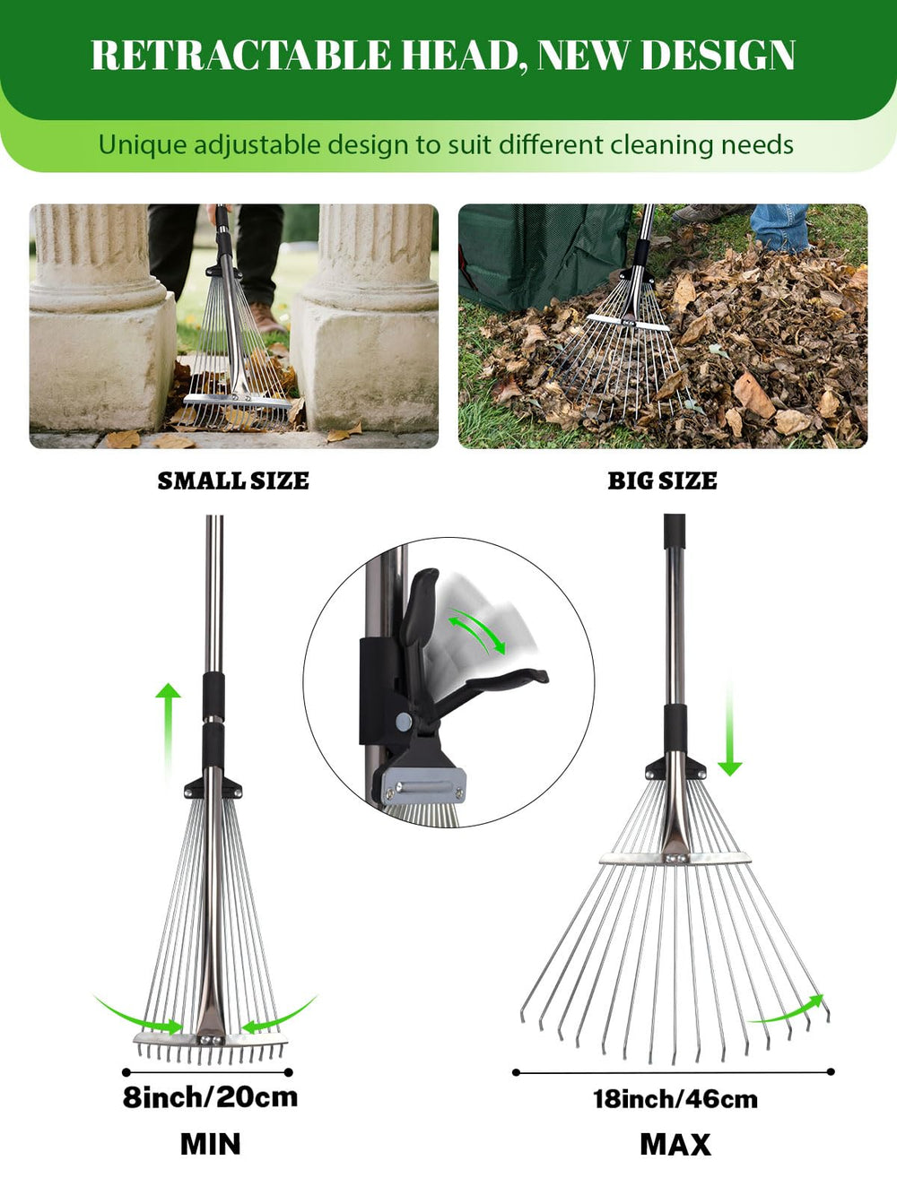 Maiproo telescoping handle extended demonstrating adjustable length for ergonomic raking