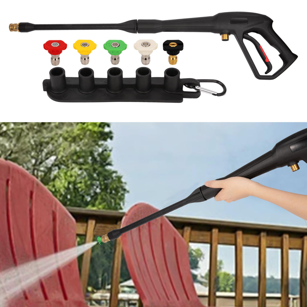 Mairbear spray gun in use washing a car illustrating improved reach and cleaning power benefit