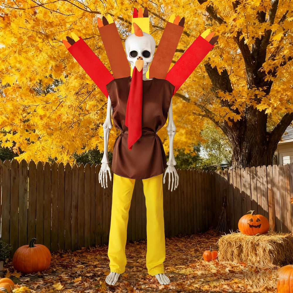 Maiteenly front view of dressed 12ft skeleton shows festive curb appeal