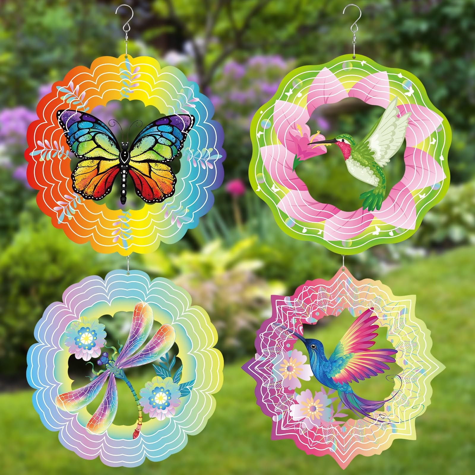 Maitys front view of four spinners showing variety and bright garden appeal
