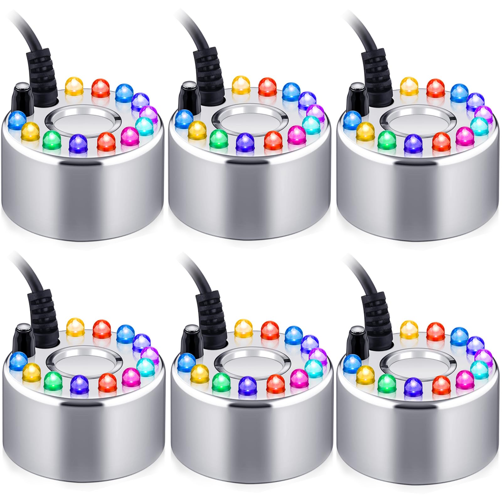 Maitys front view of six foggers showing package and adapters, great for party-ready setup