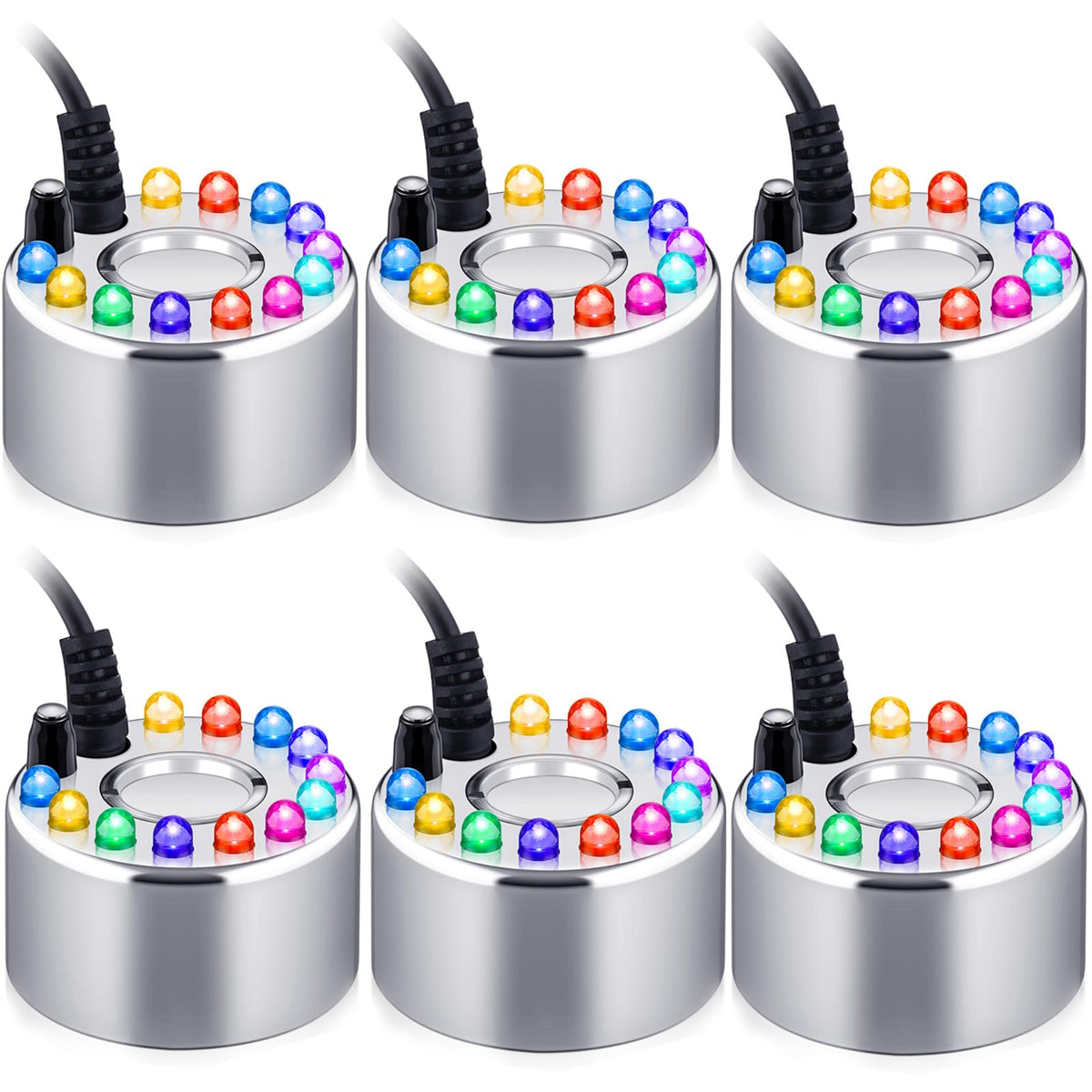Maitys front view of six foggers showing package and adapters, great for party-ready setup