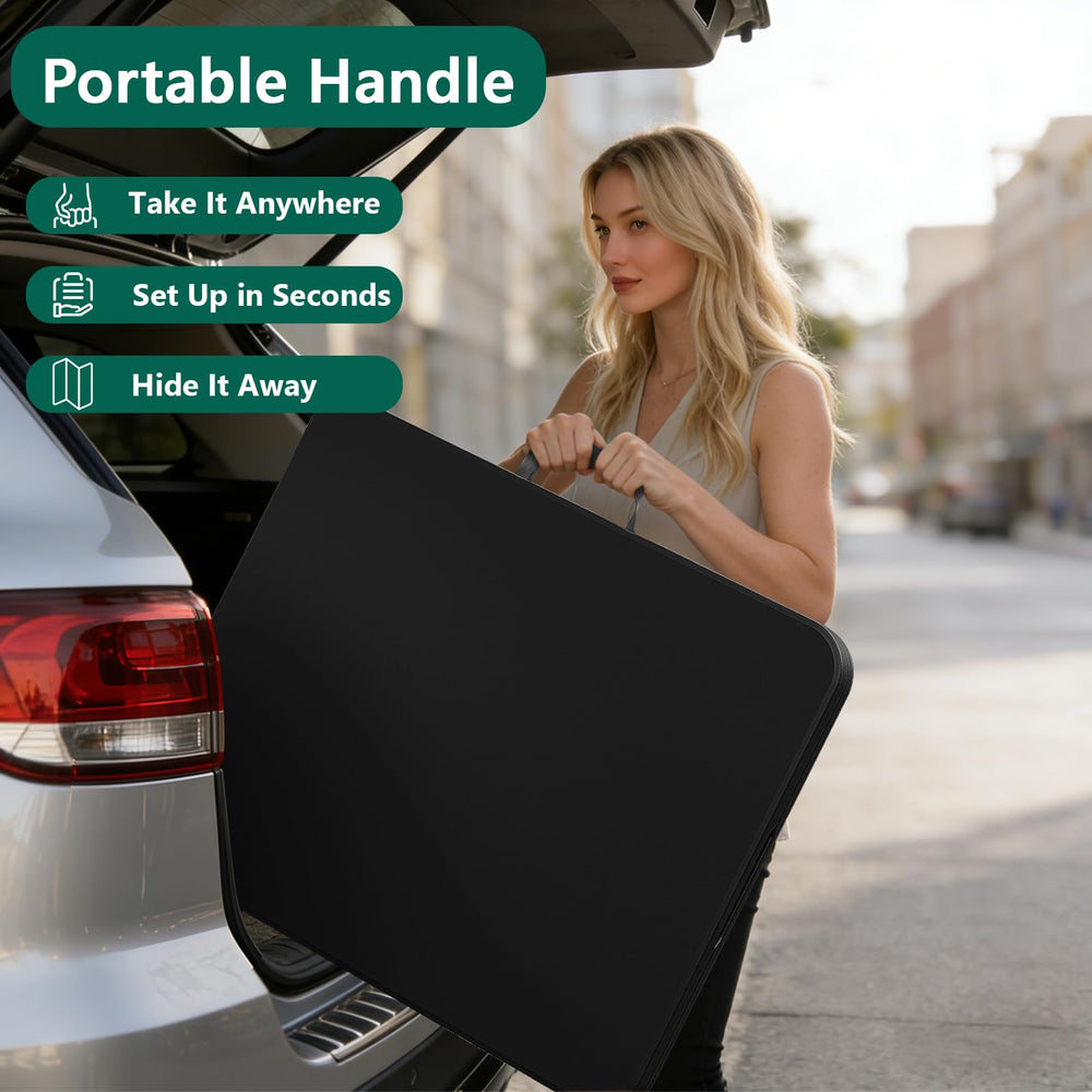 MAKE CHANGES folded table inside car trunk for compact travel storage