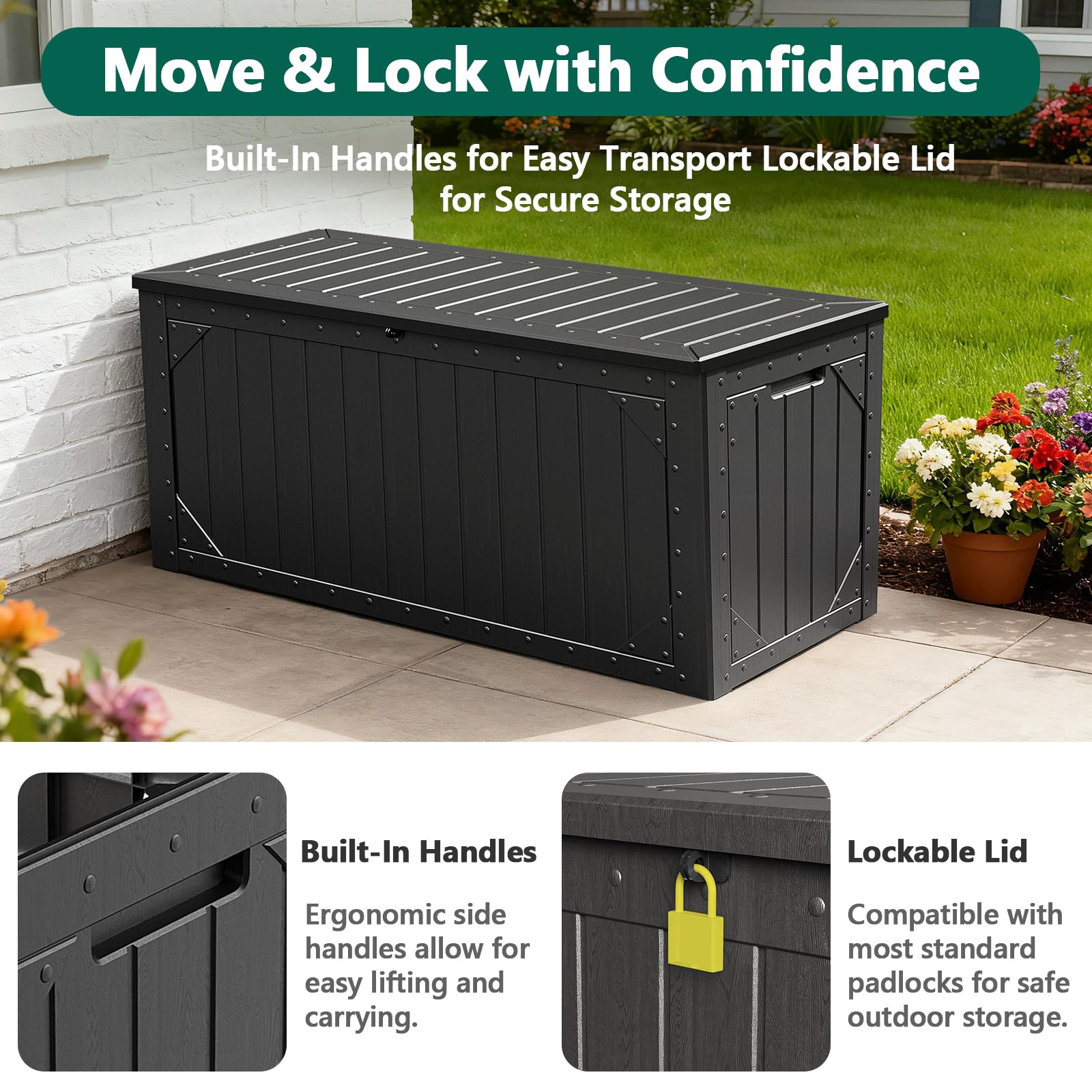 MAKE CHANGES backyard lifestyle photo showing tidy patio and organized storage