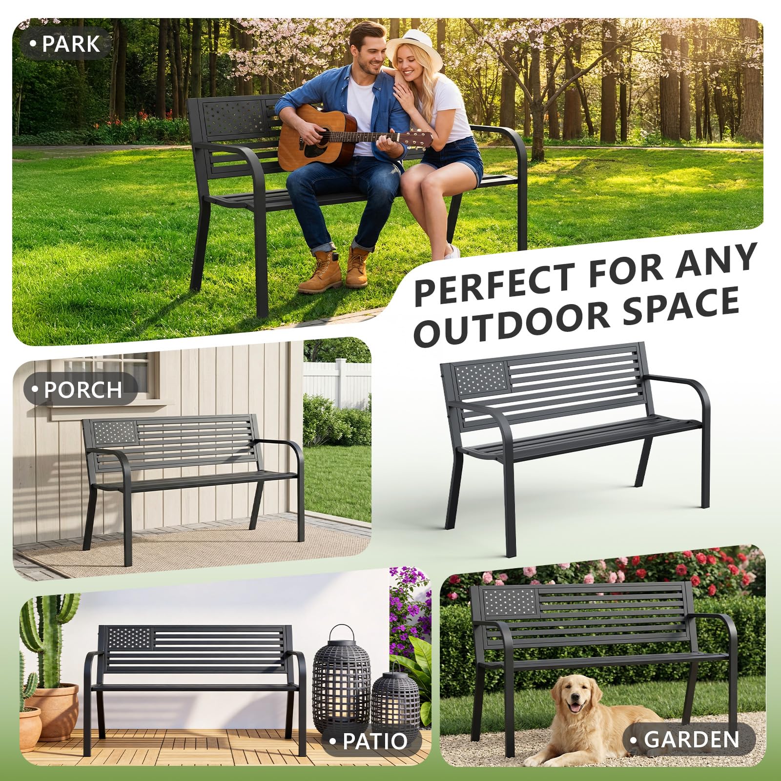 MAKE CHANGES bench in garden lifestyle scene adding curb appeal