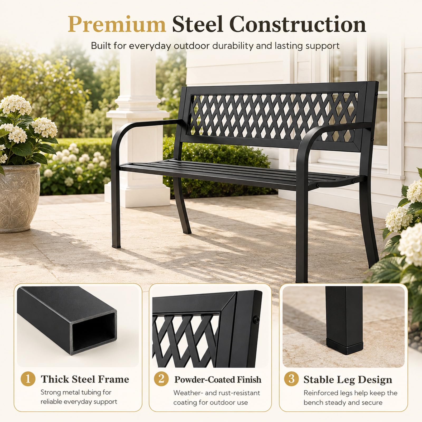 MAKE CHANGES bench label and finish demonstrating rust-resistant coating