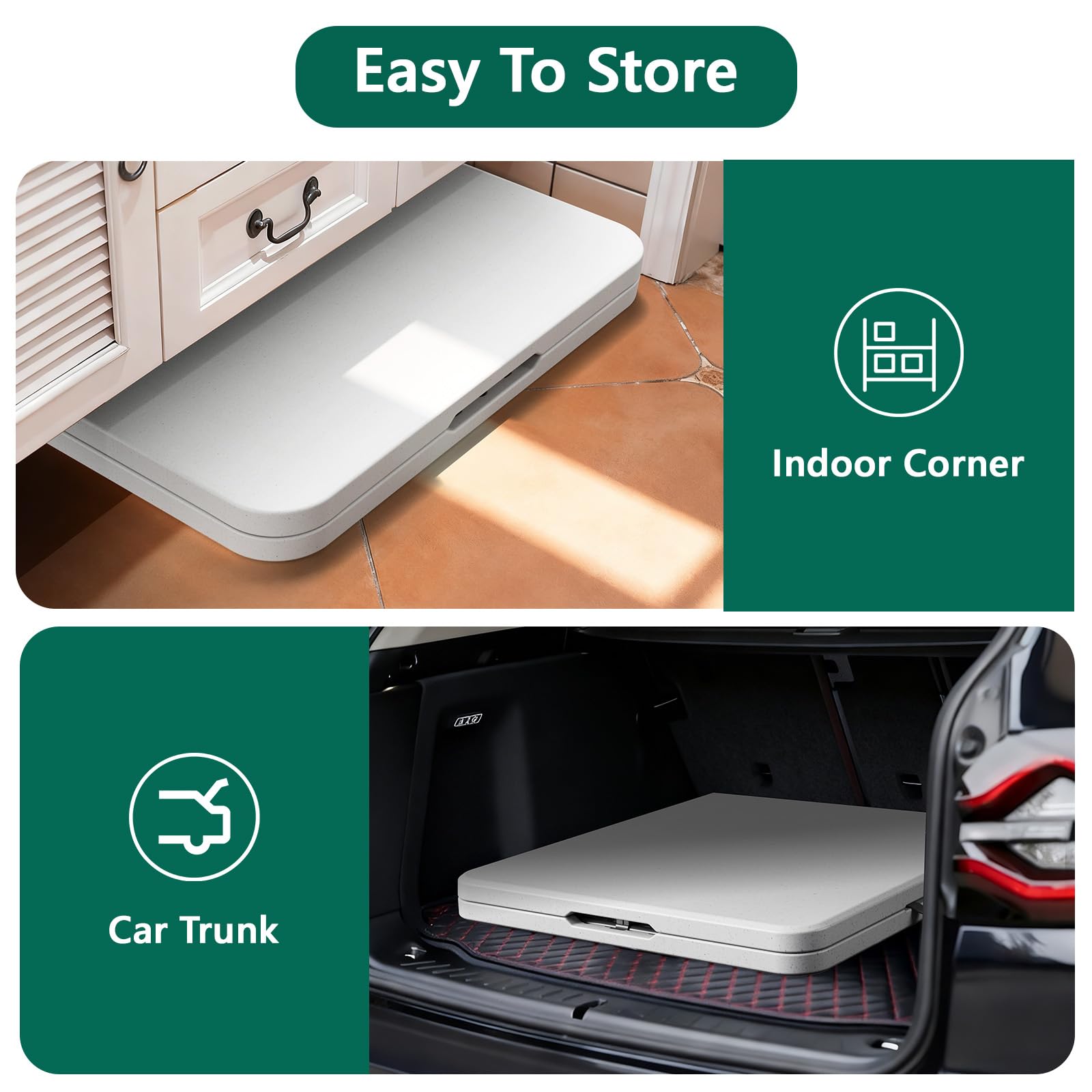 MAKE CHANGES folded table with handle being carried for easy transport