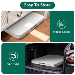 MAKE CHANGES folded table with handle being carried for easy transport