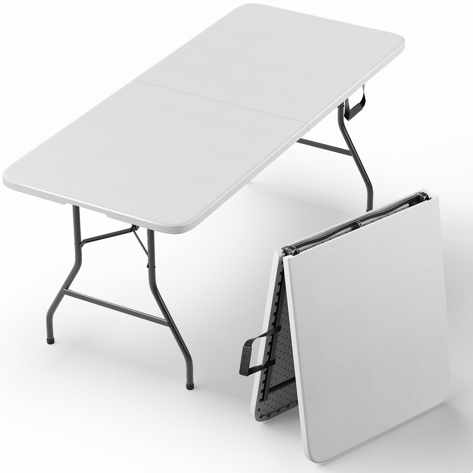 MAKE CHANGES front view of 6ft folding table showing stable setup and seating benefit