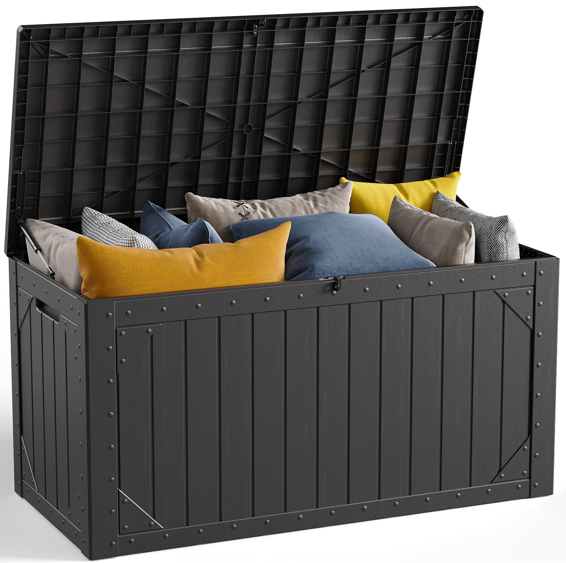 MAKE CHANGES front view of deck box showing organized storage and protection
