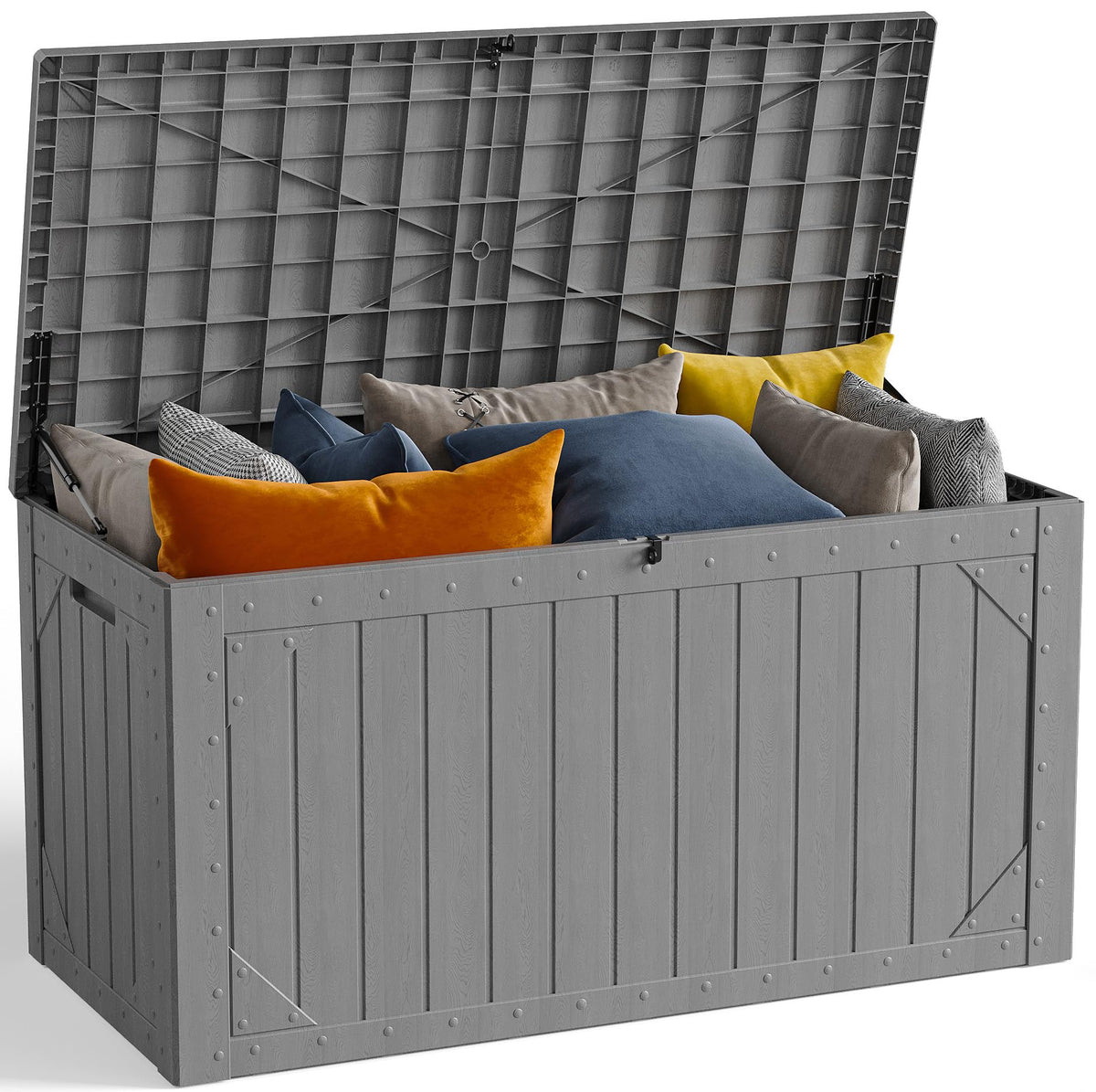 MAKE CHANGES front view of deck box showing compact outdoor storage benefit