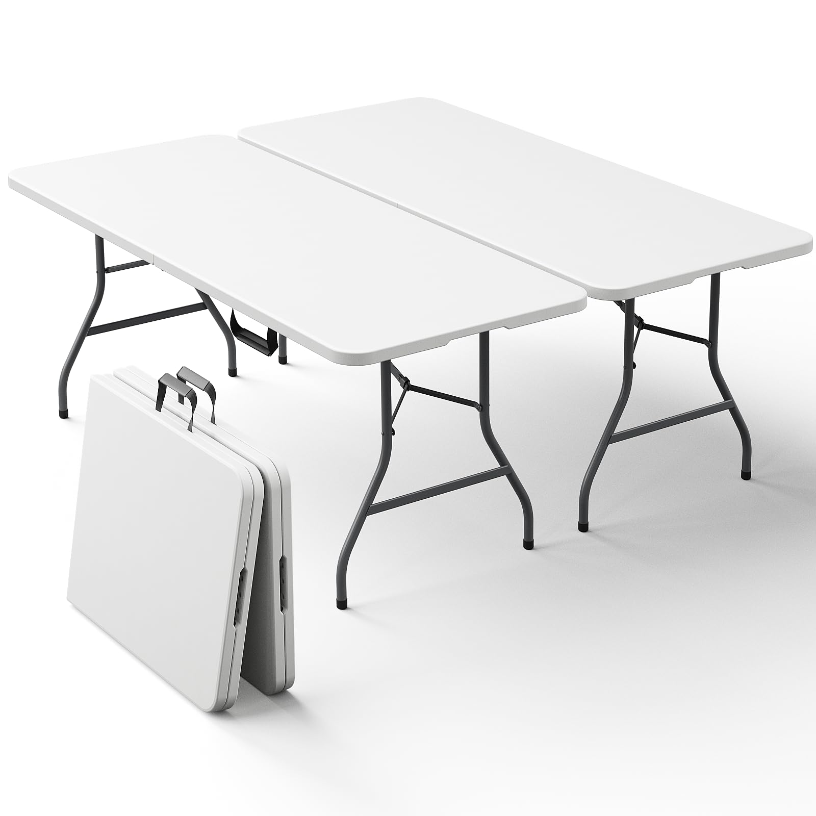 MAKE CHANGES front view of folded 6ft table showing compact storage and portability