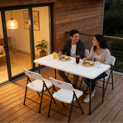MAKE CHANGES table in backyard picnic setting showing outdoor versatility benefit