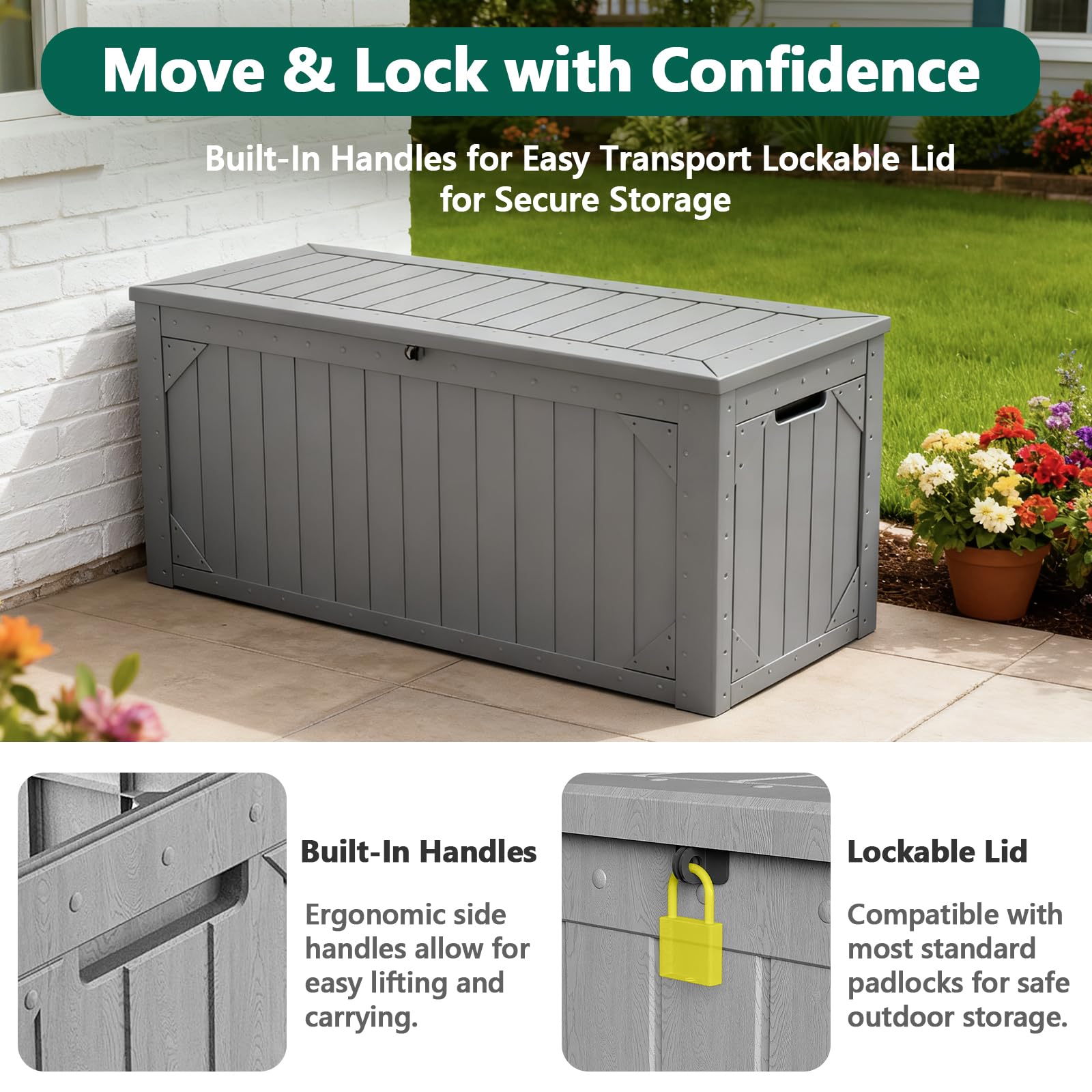 MAKE CHANGES deck box in patio setting illustrating tidy outdoor organization