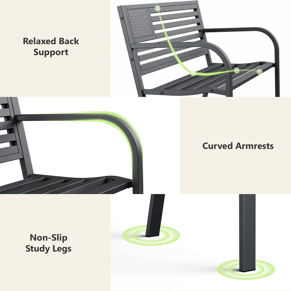 MAKE CHANGES bench next to seated person illustrating true 47-inch scale