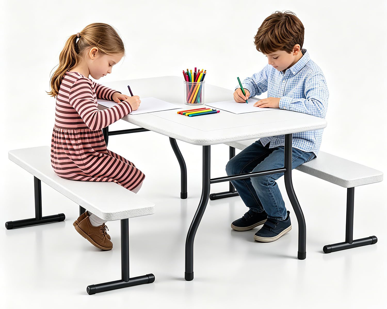 MAKE CHANGES front view of kids picnic table showing seating for four and durable finish