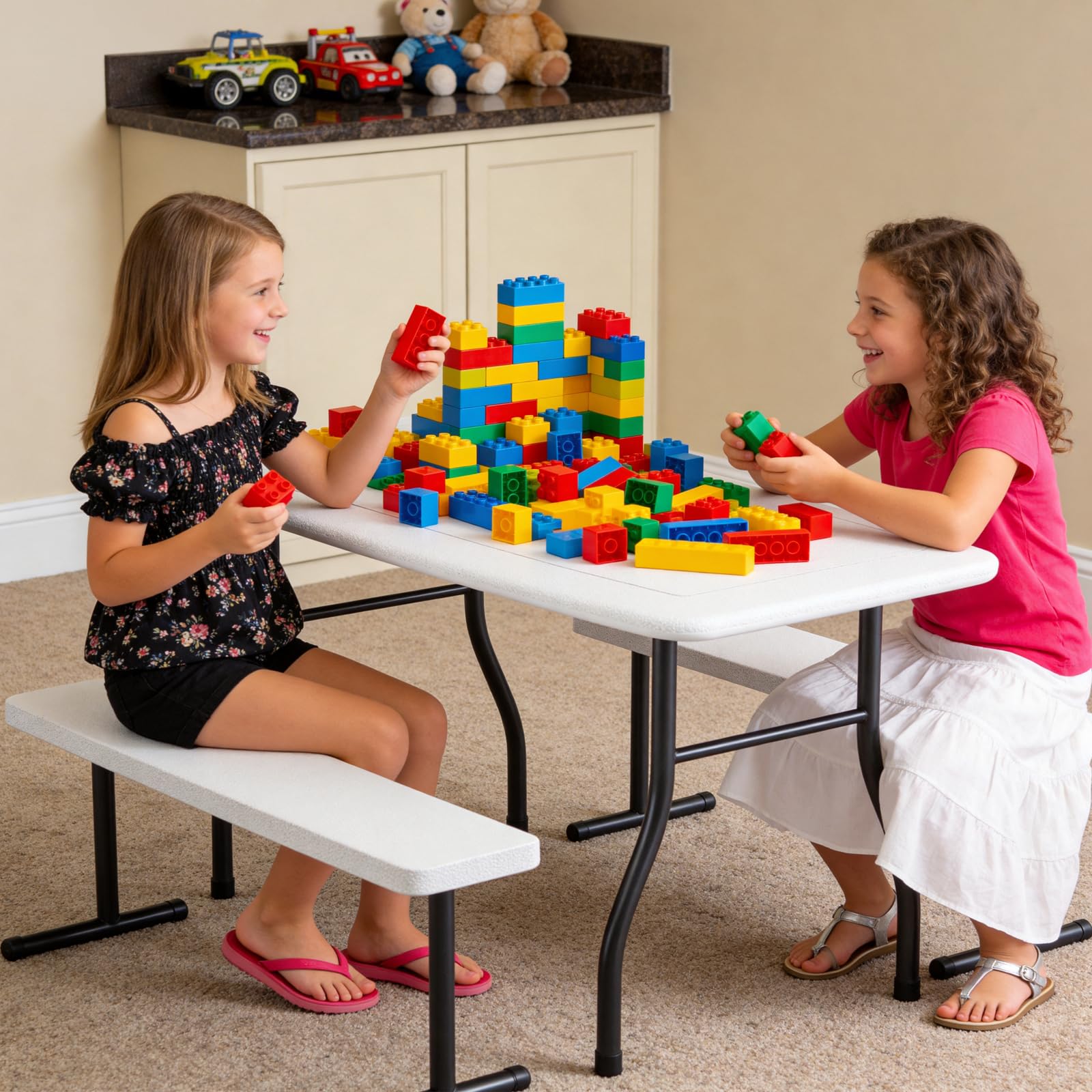 MAKE CHANGES picnic table set placed in backyard showing outdoor versatility and play use