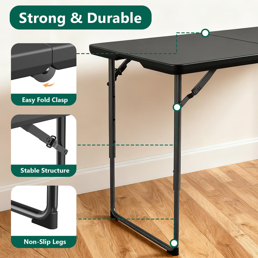MAKE CHANGES folded table stored in RV trunk showing space-saving convenience