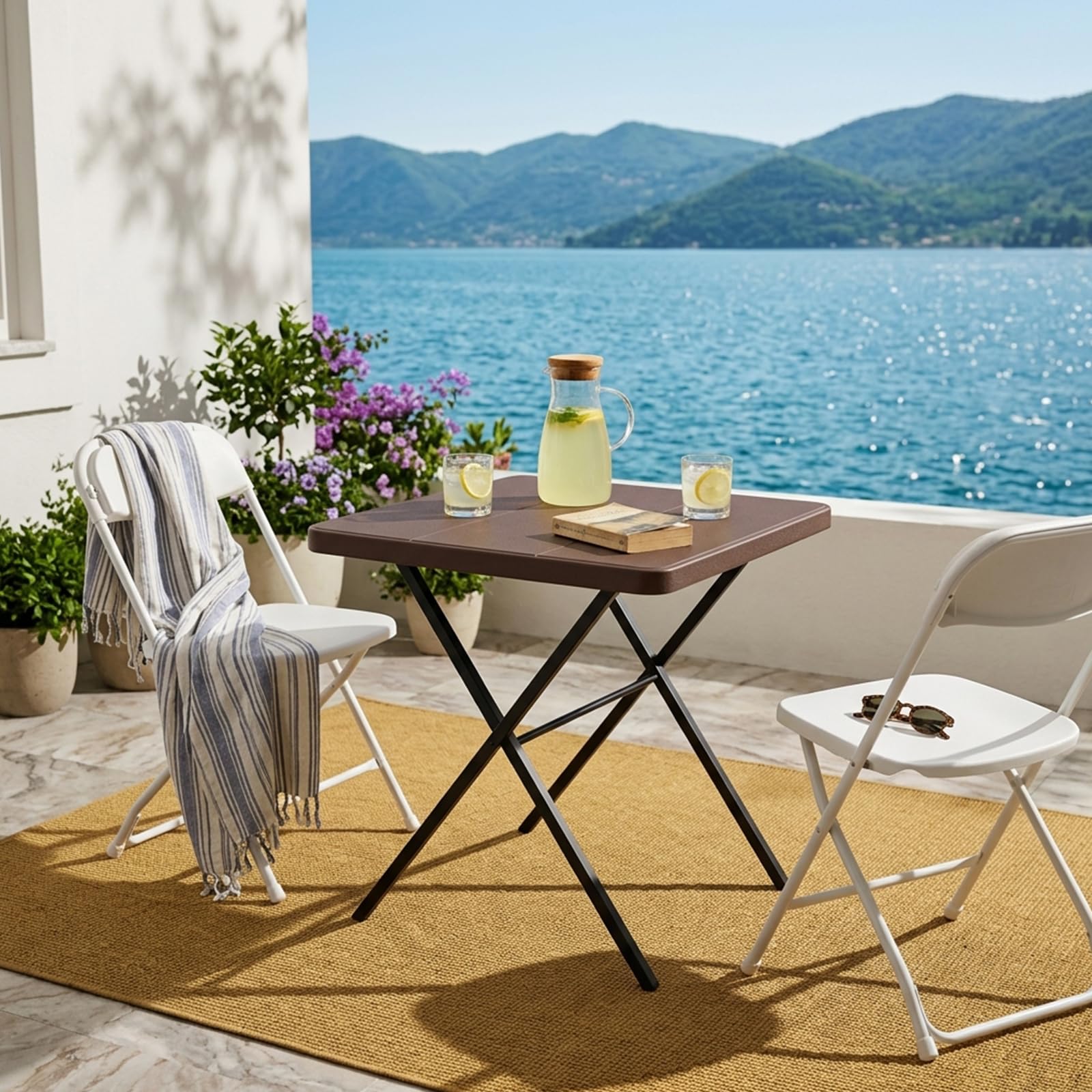 MAKE CHANGES top view of 27-inch square tabletop offering stable dining and work space