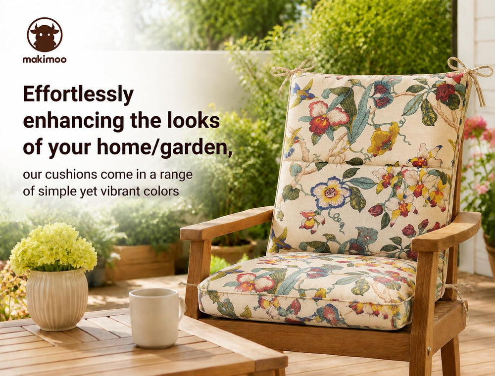Makimoo cushion tied to patio chair highlighting secure fit and wind resistance