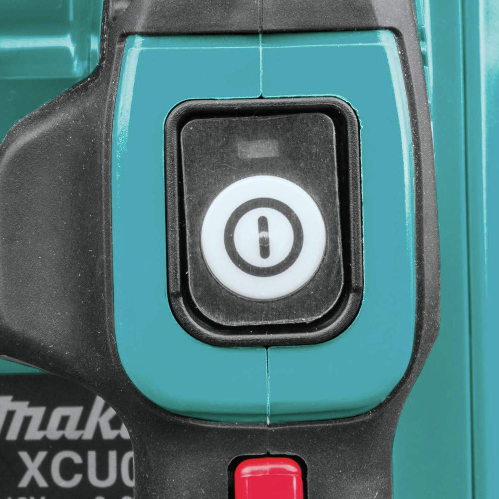 Makita captured bar nut and lateral chain tensioning detail for fast adjustments