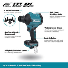 Makita DAS180Z one-touch nozzle close-up showing quick change benefit