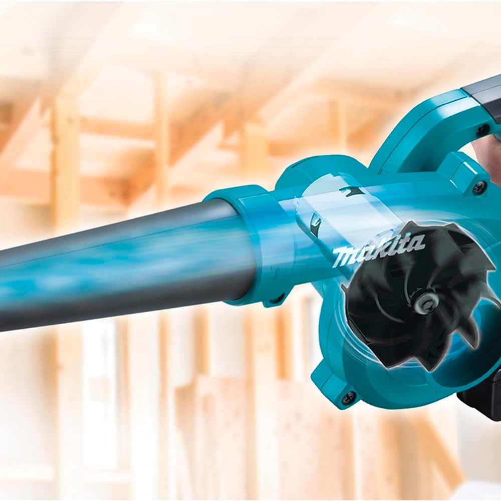 Makita DUB185Z set up as a vacuum with dust bag for tidy debris collection