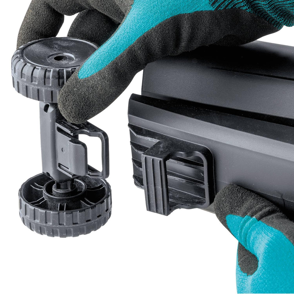 Makita in garden setting showing quiet, emission-free yard work benefit