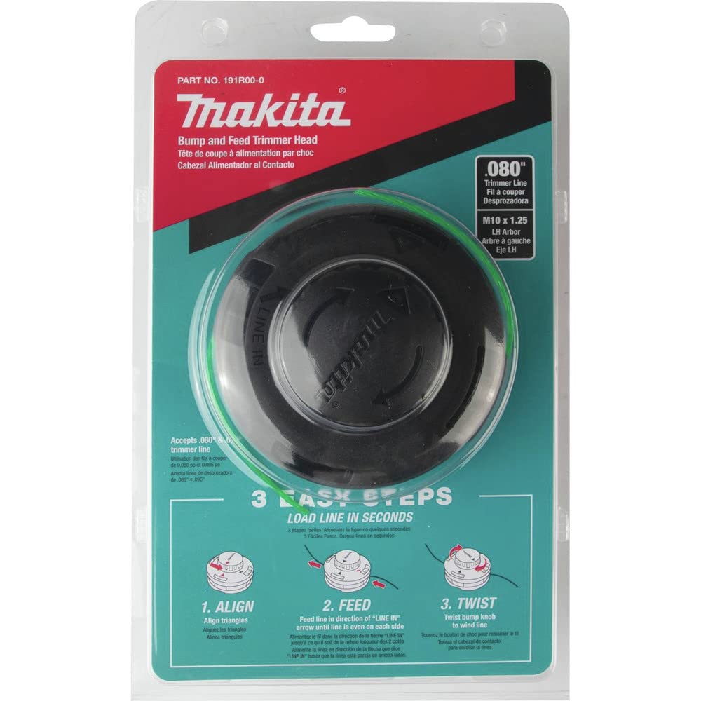Makita close-up of bump knob and line port highlighting fast tool-free winding