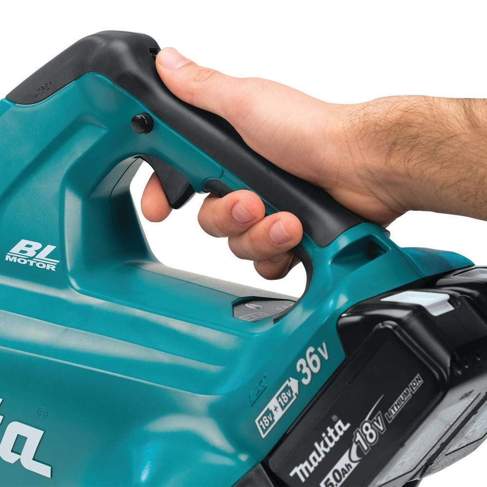Makita blower next to a rake for size and scale comparison and easy handling