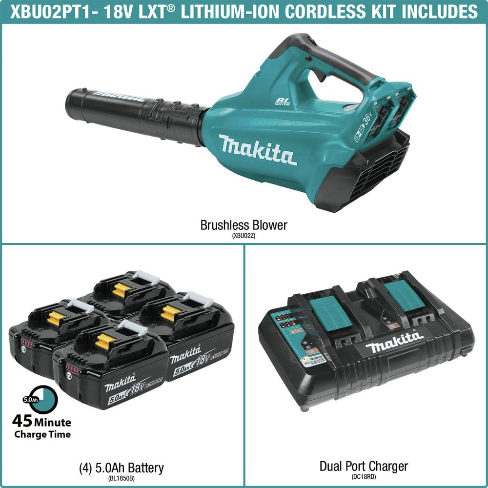 Makita 18V LXT 5.0Ah battery pack close-up for longer runtime benefit