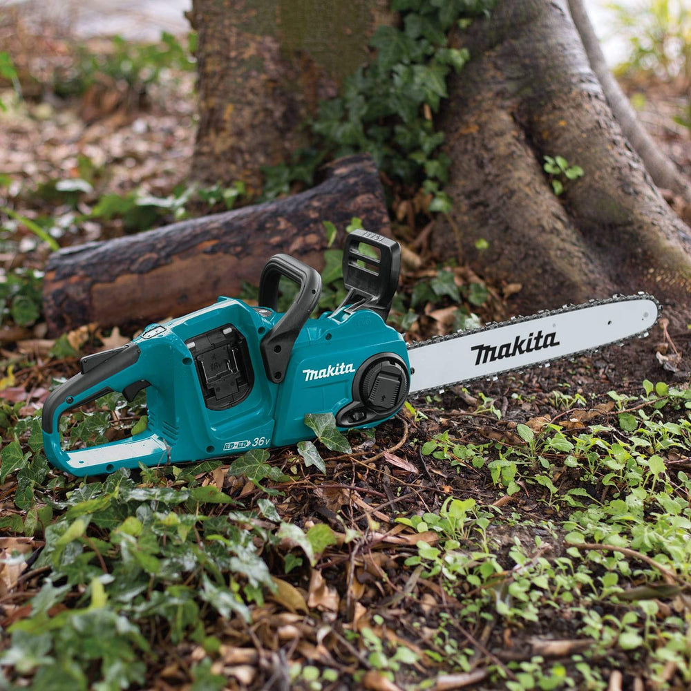 Makita XCU04CM close-up of chain and bar showing sharp teeth for efficient cuts