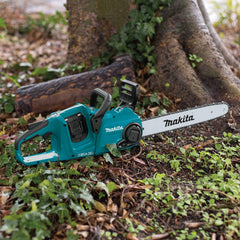 Makita XCU04CM close-up of chain and bar showing sharp teeth for efficient cuts