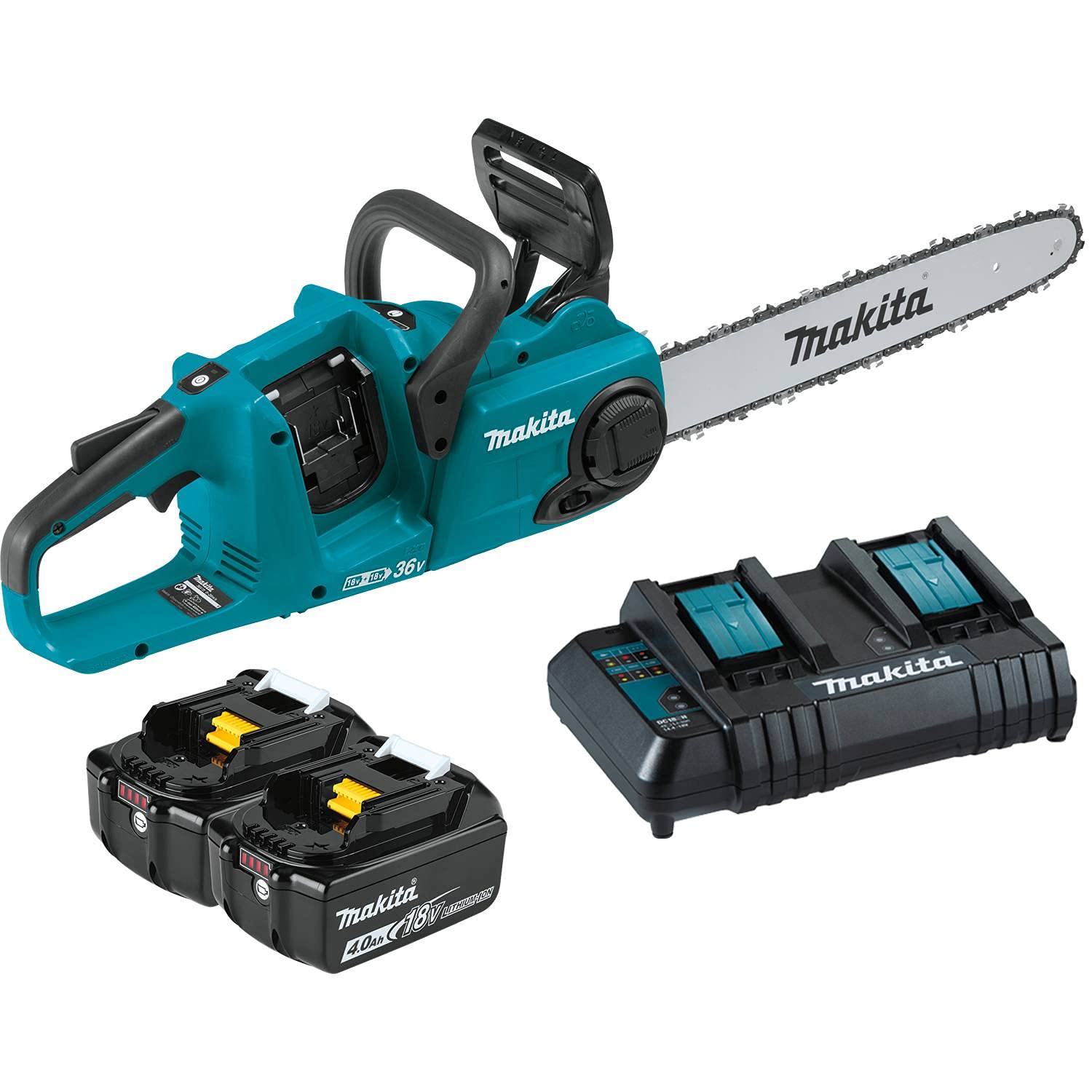 Makita XCU04CM front view showing 16-inch bar and compact design benefit convenience