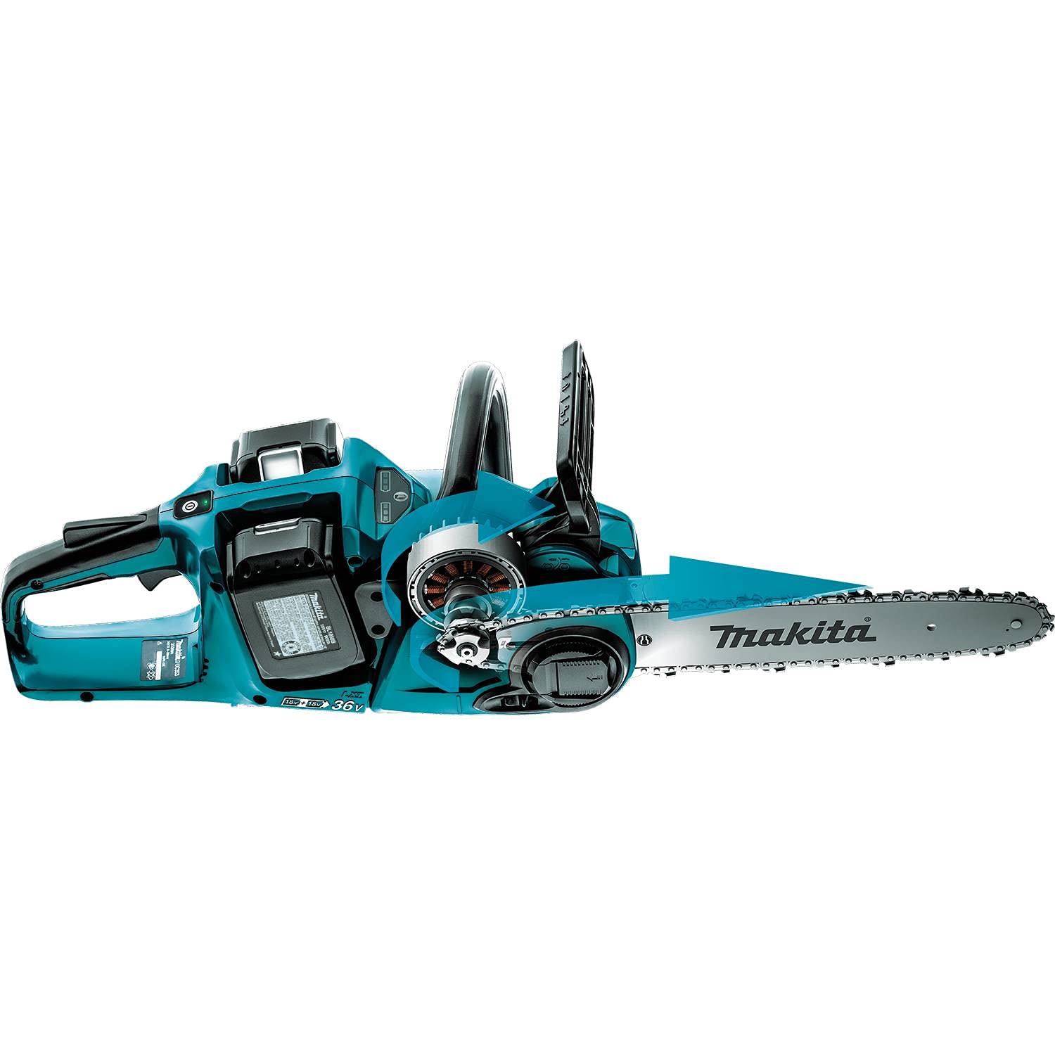 Makita XCU04CM cutting a tree branch in a yard demonstrating quieter cordless operation