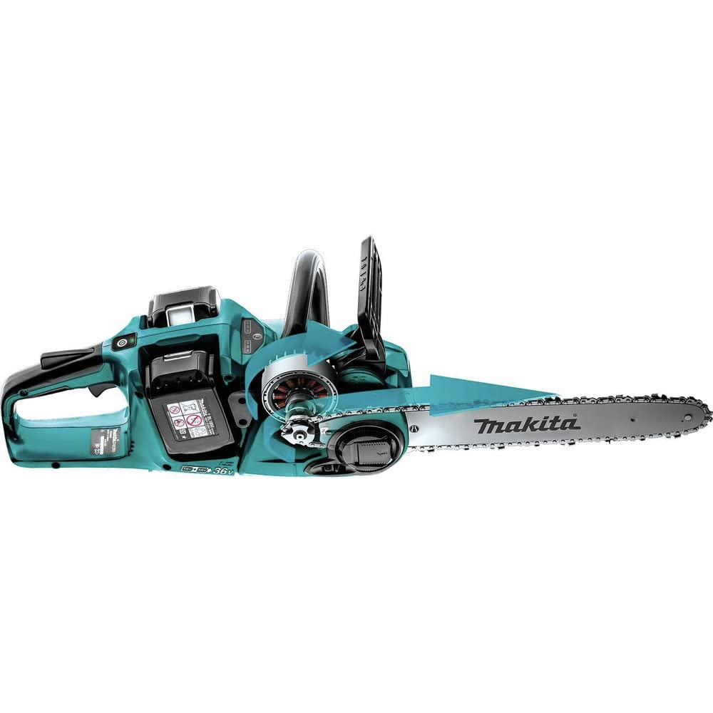 Makita XCU04PT guide bar close-up highlighting durable 16-inch cutting edge