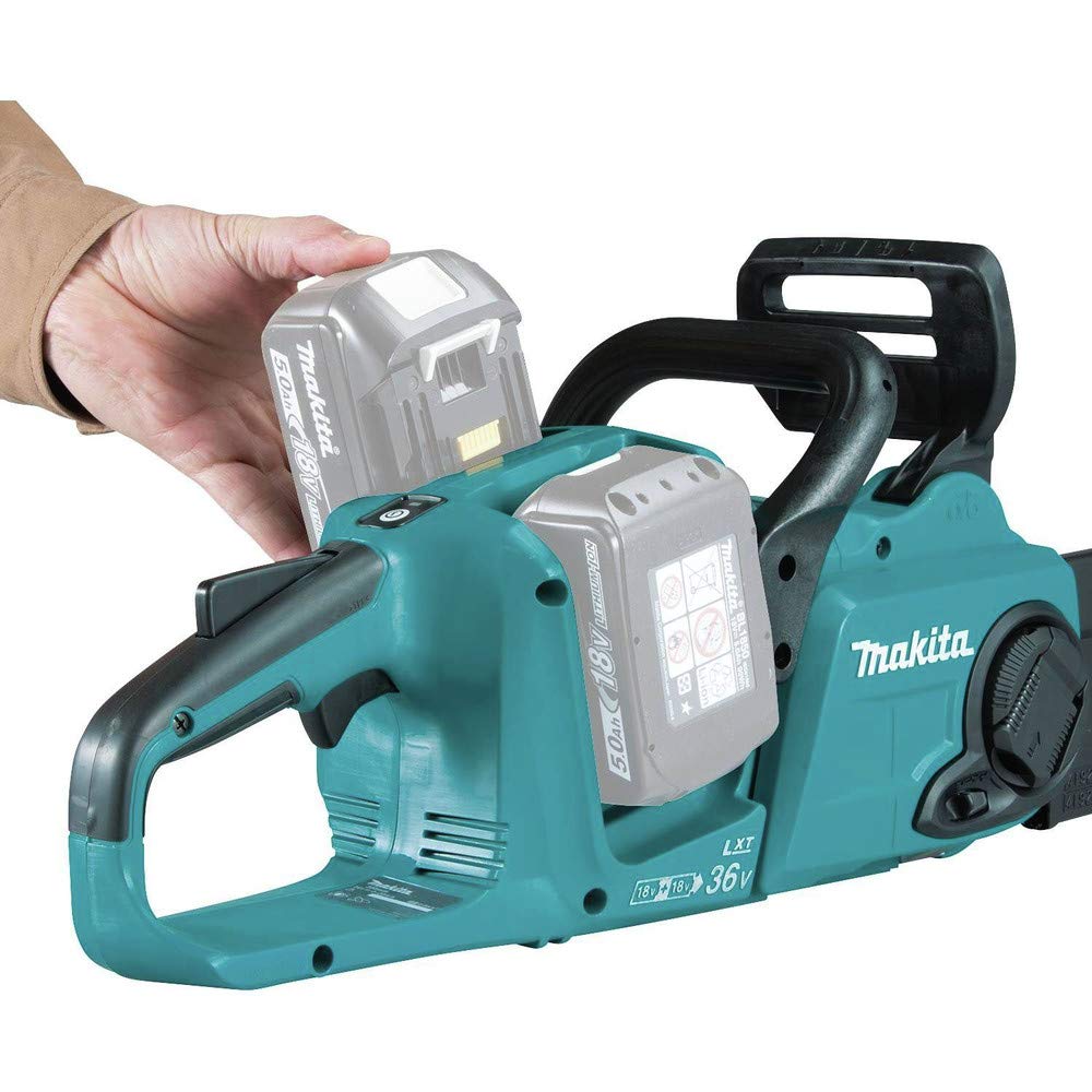 Makita XCU04Z close-up of chain and bar highlighting durable cutting components