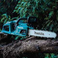Detail of Makita XCU07Z lateral chain tensioning mechanism for tool-free chain adjustment benefit