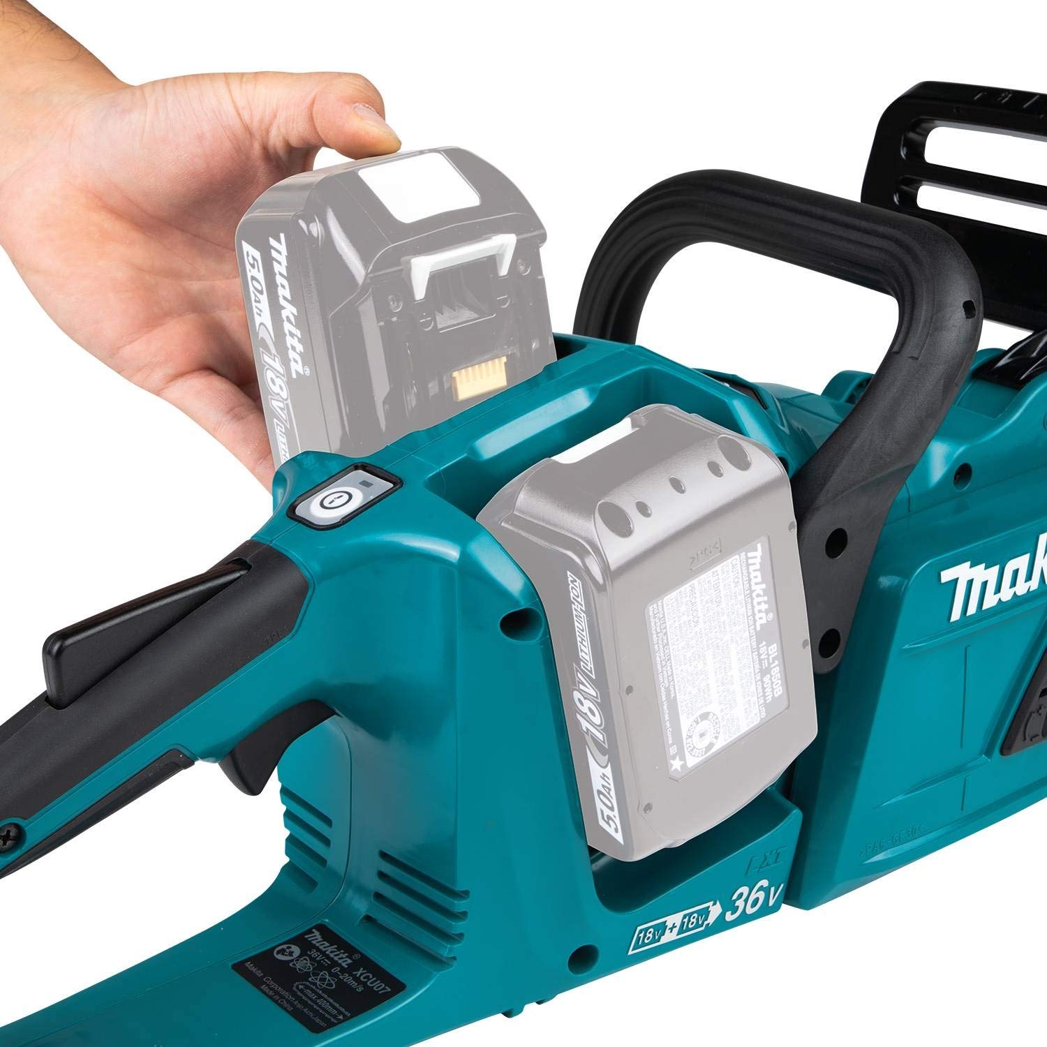Makita XCU07Z in a yard cleanup scene illustrating reduced emissions and professional landscaping use