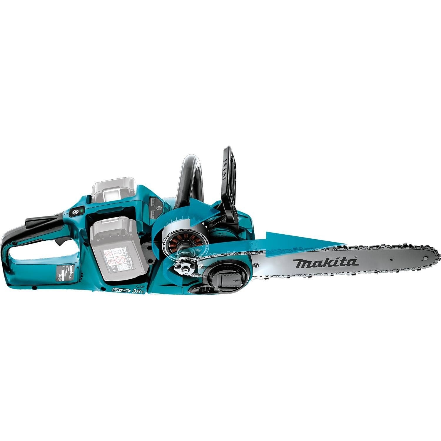 Makita XCU07Z next to two 18V LXT batteries to show 36V configuration and ready-to-work compatibility