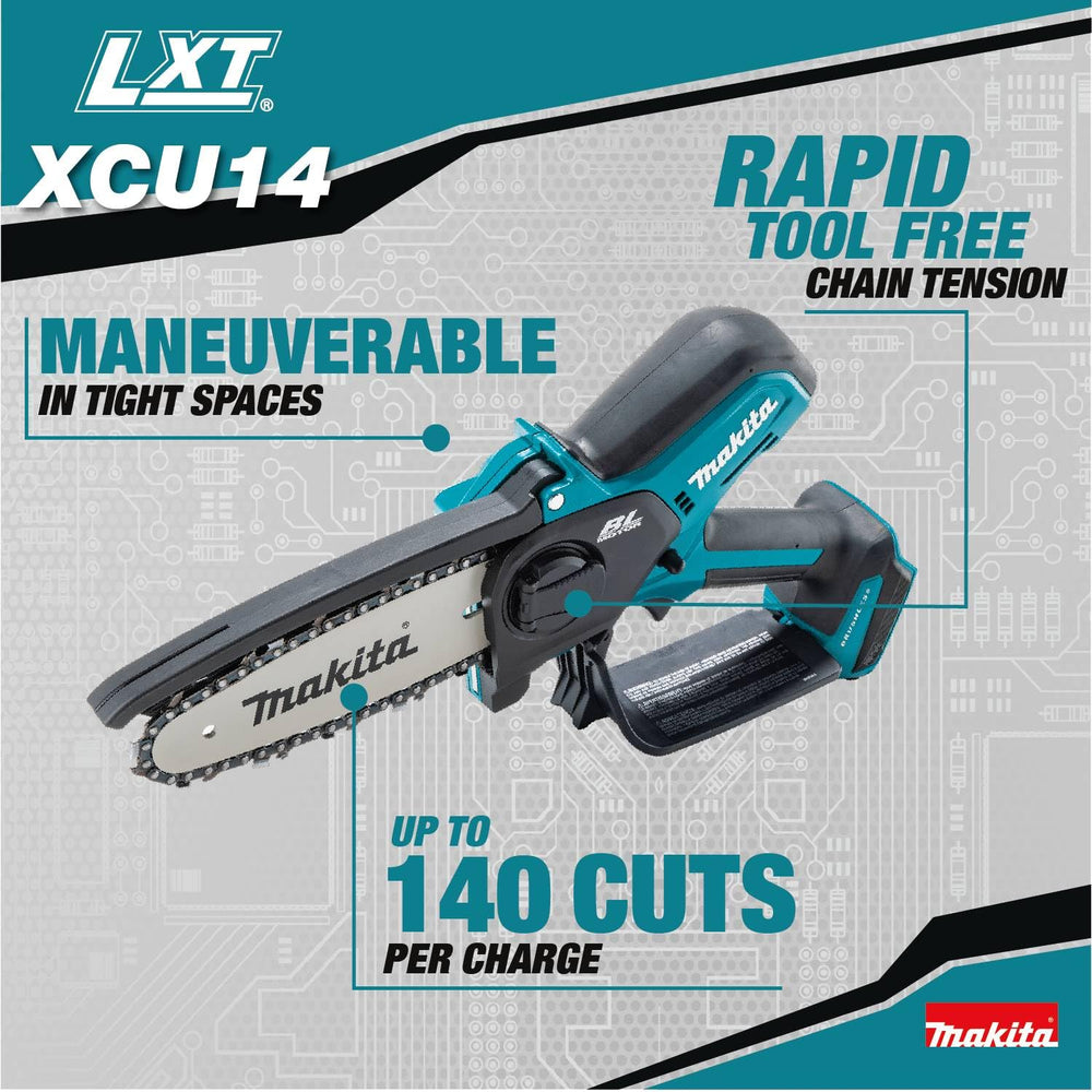 Makita XCU14Z close-up of chain and bar highlighting reliable cutting