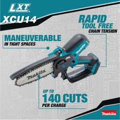 Makita XCU14Z close-up of chain and bar highlighting reliable cutting
