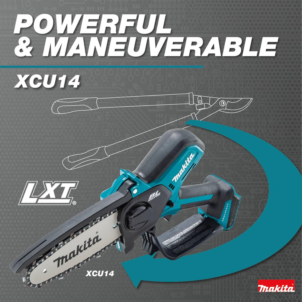 Makita XCU14Z beside 2-inch branch showing effective size and scale
