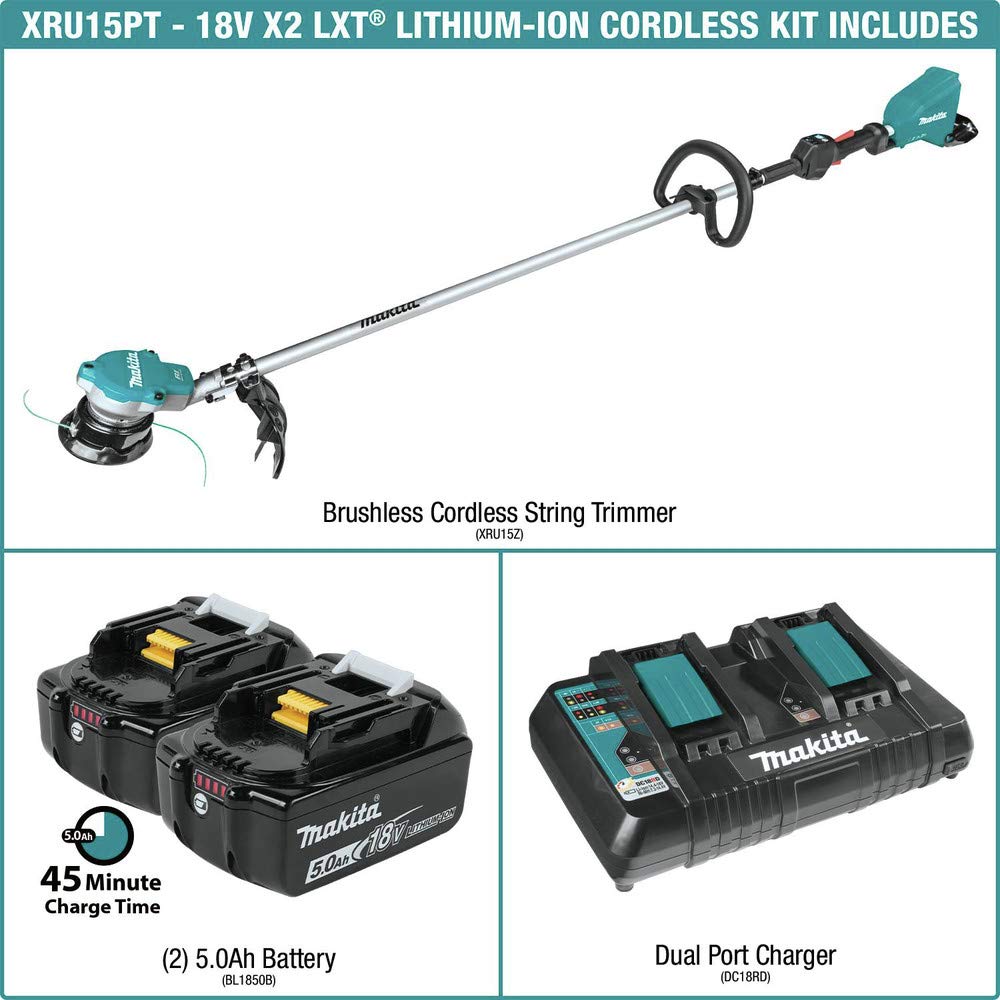 Makita two 18V LXT 5.0Ah battery packs highlighting longer runtime on site