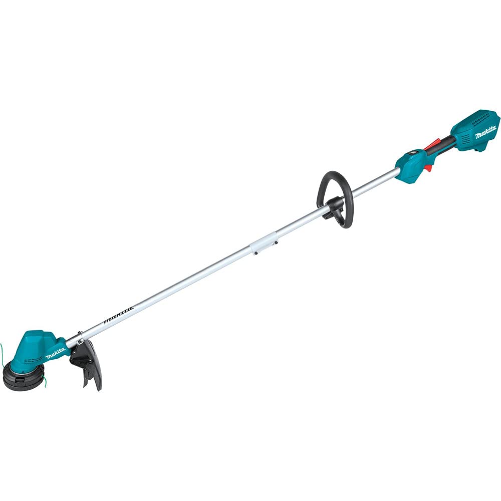 Makita XRU23Z front angle view showing compact trimmer and robust build for reliability