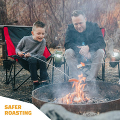 MalloMe extended stick over fire demonstrating 45-inch safe roasting distance
