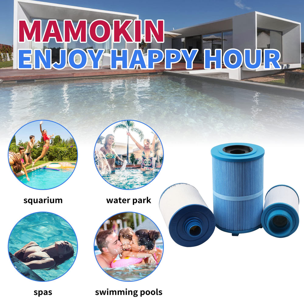 Mamokin filter beside a clean spa illustrating clearer water and reliable performance