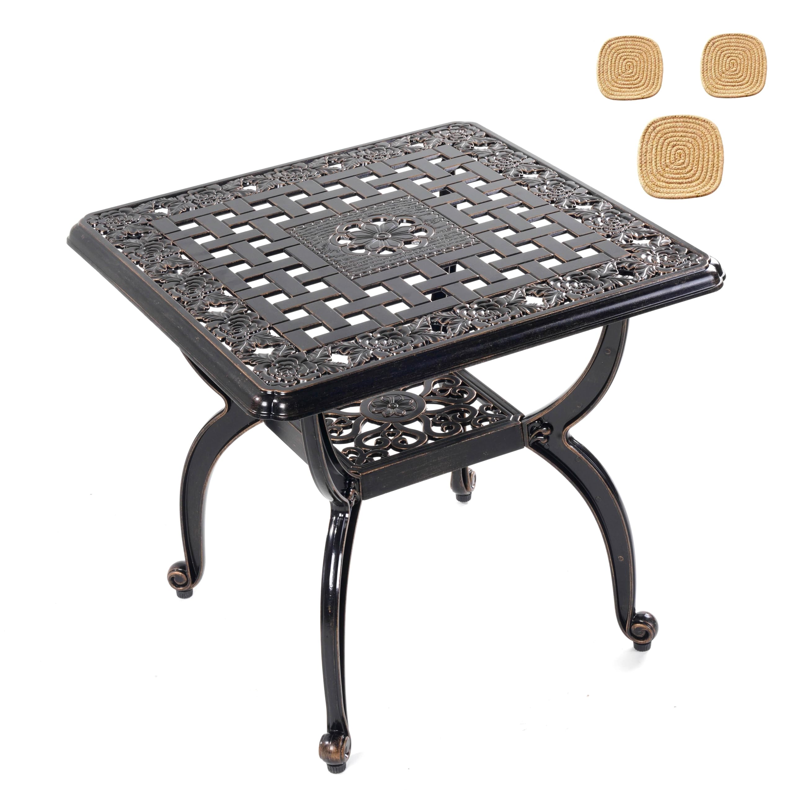 Mandolin copper table front view showing compact patio surface and durable finish
